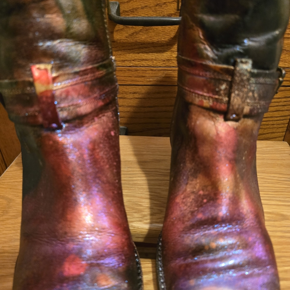 HANDCRAFTED Upcycled Leather Boots HANDPAINTED Size 9M Ankle Bootie Wearable Art - Picture 6 of 17